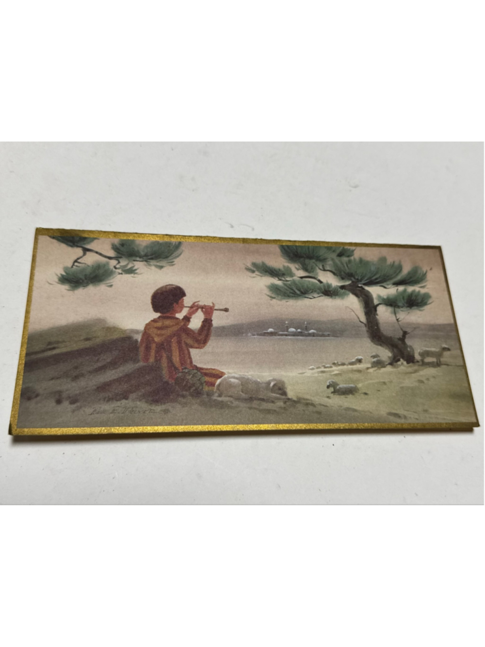 Vintage UNUSED Christmas Greeting Card Shepherd Boy Flute Artist Paul E. Decker
